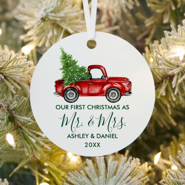 Calligraphy Green Mr. Christmas Red Truck Ornament Aus Metall (InSitu)