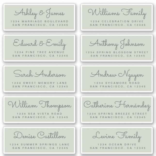 Calligraphy Green Wedding Guest Address Labels (Vorderseite)