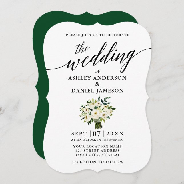 Calligraphy Green White Floral Bouquet Wedding Einladung (Vorne/Hinten)
