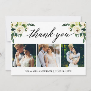 Calligraphy Green White Floral Wedding 3 Foto Dankeskarte