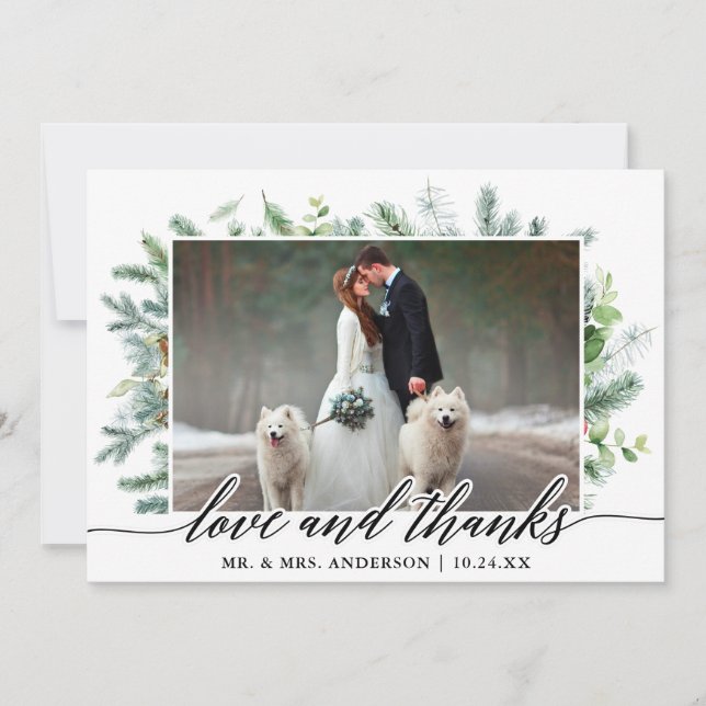 Calligraphy Greenery Pine Liebe Dank Hochzeit Dankeskarte (Vorderseite)