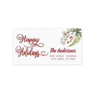 Calligraphy Happy Holidays botanical holly Label Adressaufkleber