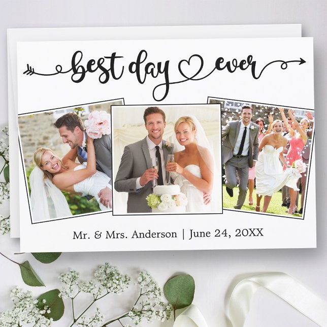 Calligraphy Heart Best Day Ever 3 Photos Wedding Dankeskarte (Customize to change your personalized text size or text style.)