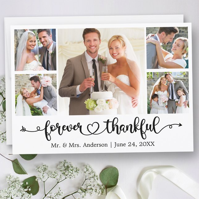 Calligraphy Heart Forever Thankful 5 Photo Wedding Dankeskarte (Customize to change your personalized text size or text style.)