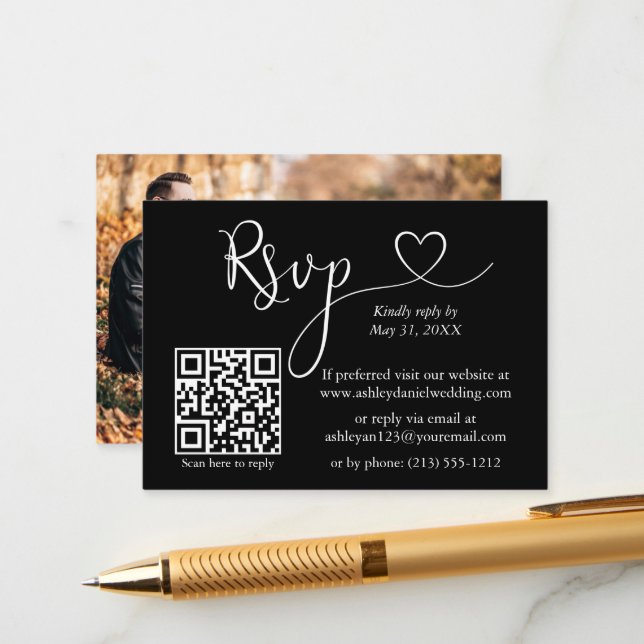 Calligraphy Heart Foto QR UAWG Wedding Begleitkarte (Vorderseite/Rückseite Beispiel)