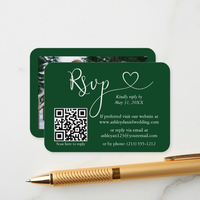 Calligraphy Heart Foto Wedding Green UAWG QR Begleitkarte (Vorderseite/Rückseite Beispiel)