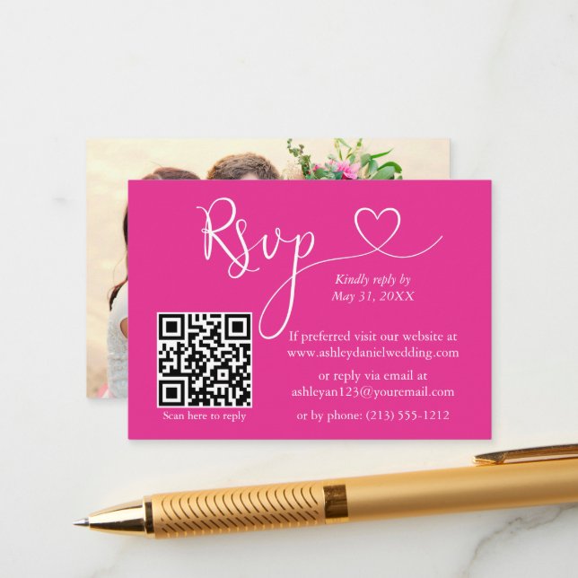 Calligraphy Heart Foto Wedding Hot Pink QR UAWG Begleitkarte (Vorderseite/Rückseite Beispiel)