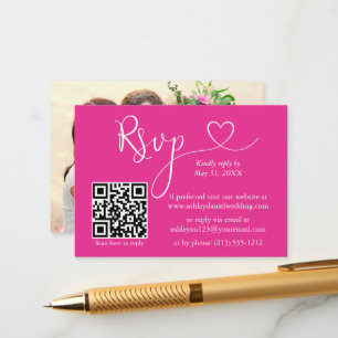 Calligraphy Heart Foto Wedding Hot Pink QR UAWG Begleitkarte