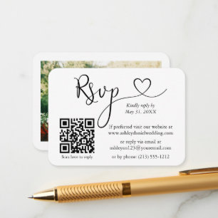 Calligraphy Heart Foto Wedding RSVP QR White Begleitkarte