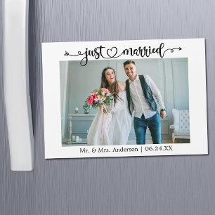 Calligraphy Heart Just Married Wedding Magnet Card