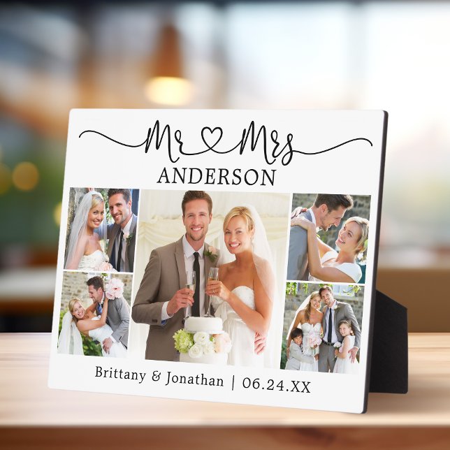 Calligraphy Heart Mr. and Mrs. 5 Photo Wedding Fotoplatte (Customize to change your personalized text size.)