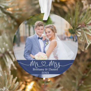 Calligraphy Heart Mr. and Mrs. Wedding Foto Blue Ornament