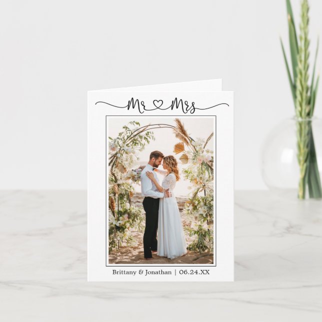 Calligraphy Heart Mr. and Mrs. Wedding Foto Note Dankeskarte (Vorderseite)