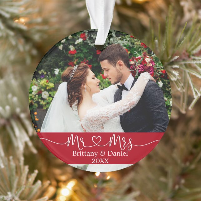 Calligraphy Heart Mr. and Mrs Wedding Foto Red Ornament (Baum)