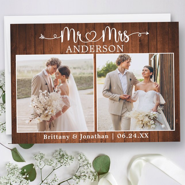 Calligraphy Heart Mr. Mrs. 2 Photo Wedding Wood Dankeskarte (Customize to change your personalized text size or text style.)