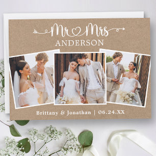 Calligraphy Heart Mr. Mrs. 3 Fotos Wedding Kraft Dankeskarte