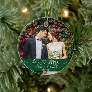 Calligraphy Heart Mr. und Mrs. Wedding Foto Green Keramik Ornament