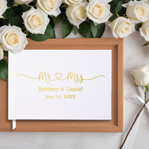 Calligraphy Heart Wedding Gold Foil Mr. und Mrs. Gästebuch