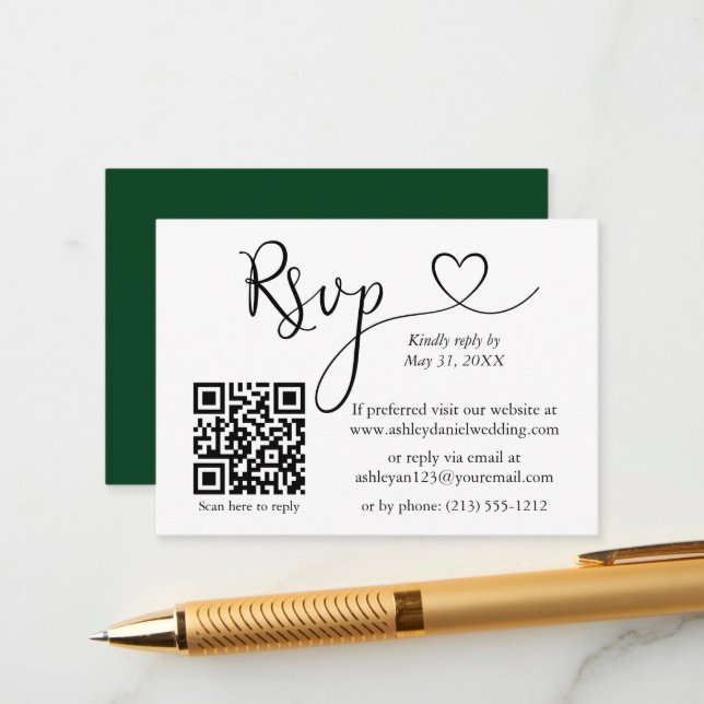 Calligraphy Heart Wedding QR Green UAWG Begleitkarte (Vorderseite/Rückseite Beispiel)