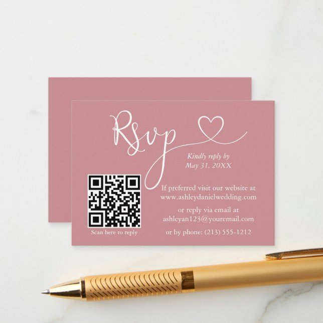 Calligraphy Heart Wedding QR UAWG Dusty Rose Begleitkarte (Vorderseite/Rückseite Beispiel)