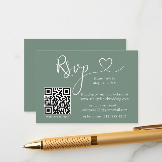 Calligraphy Heart Wedding QR UAWG Sage Green Begleitkarte (Vorderseite/Rückseite Beispiel)