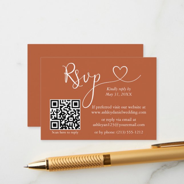 Calligraphy Heart Wedding QR UAWG Terracotta Begleitkarte (Vorderseite/Rückseite Beispiel)