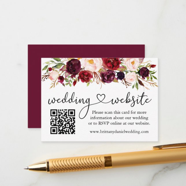 Calligraphy Heart Wedding Web QR Burgundy Floral Begleitkarte (Vorderseite/Rückseite Beispiel)