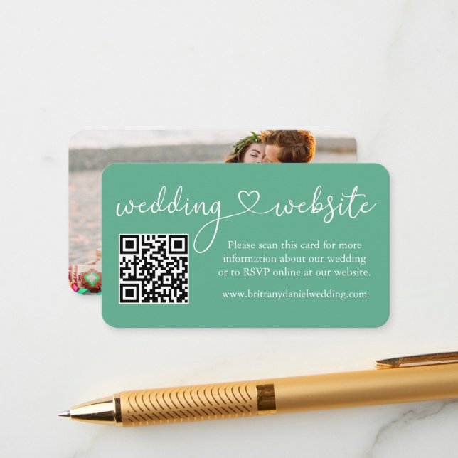 Calligraphy Heart Wedding Web QR Foto Mint Green Begleitkarte (Vorderseite/Rückseite Beispiel)