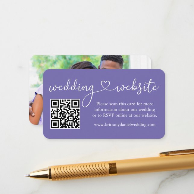 Calligraphy Heart Wedding Web QR Foto Periwinkle Begleitkarte (Vorderseite/Rückseite Beispiel)