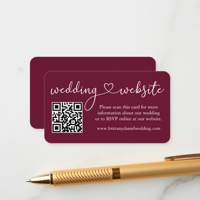 Calligraphy Heart Wedding Website QR Burgundy Begleitkarte (Vorderseite/Rückseite Beispiel)