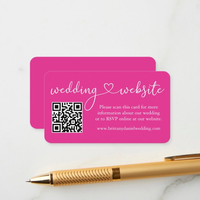 Calligraphy Heart Wedding Website QR Hot Pink Begleitkarte (Vorderseite/Rückseite Beispiel)