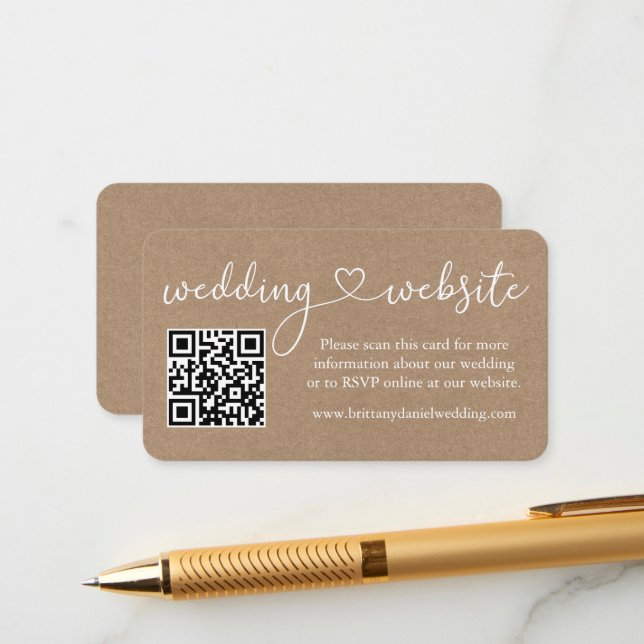 Calligraphy Heart Wedding Website QR Kraft Begleitkarte (Vorderseite/Rückseite Beispiel)