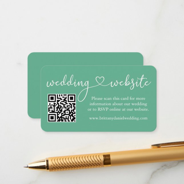 Calligraphy Heart Wedding Website QR Mint Green Begleitkarte (Vorderseite/Rückseite Beispiel)
