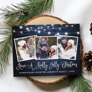 Calligraphy Holly Jolly Christmas Blue Wood Lights Postkarte
