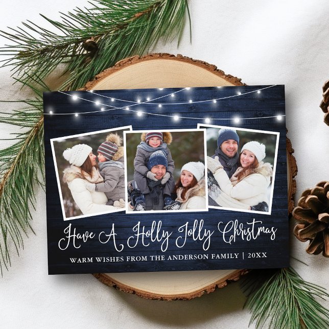Calligraphy Holly Jolly Christmas Blue Wood Lights Postkarte (Customize to change your personalized text size or text style.)
