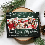 Calligraphy Holly Jolly Christmas Green Wood Postkarte<br><div class="desc">Moderne Fun Kalligrafie Skript haben eine Holly Jolly Weihnachten 3 Foto Ferien Postcard - Rustic Country Green Wood und String Lights</div>
