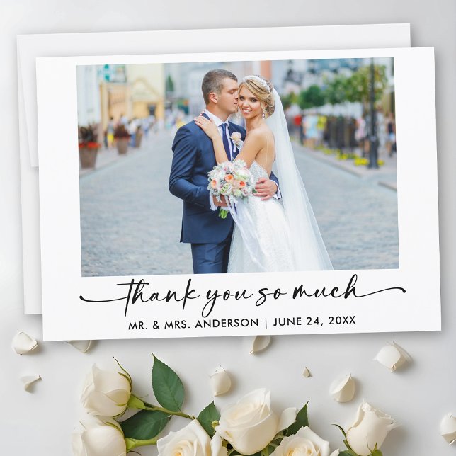 Calligraphy Ink Pen Script Foto Wedding Vielen Dan Dankeskarte (Customize to add text to back of card.)