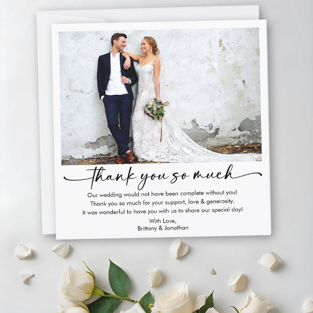 Calligraphy Ink Pen Script Wedding Foto Square Dankeskarte (Customize to add more text or photos to back of card.)