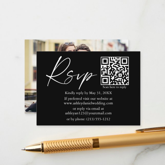 Calligraphy Ink Script QR Foto Wedding Black UAWG Begleitkarte (Vorderseite/Rückseite Beispiel)
