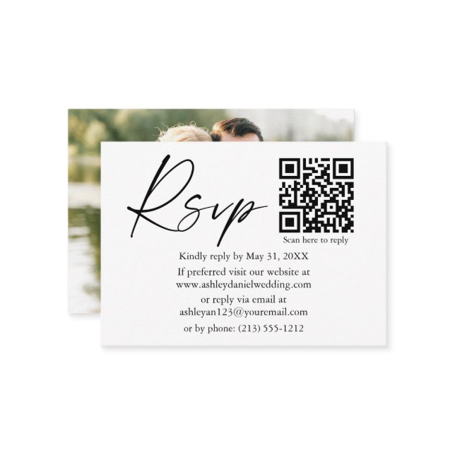 Calligraphy Ink Script QR Foto Wedding RSVP Begleitkarte (Vorderseite/Rückseite Beispiel)