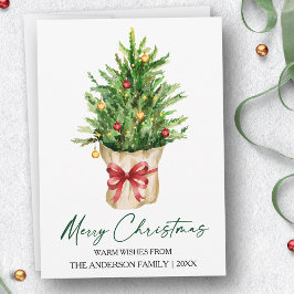 Calligraphy Ink Watercolor Pine Christmas Red Bow Feiertagskarte