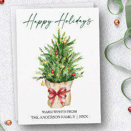 Calligraphy Ink Watercolor Pine Red Bow Feiertagskarte