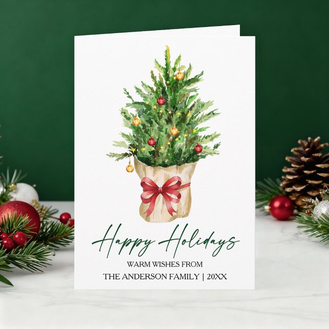 Calligraphy Ink Watercolor Pine Tree Red Bow Fold Feiertagskarte (Customize your change your personalized text size or text style.)