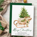 Calligraphy InkScript Watercolor Pine Tree Ristora Feiertagskarte<br><div class="desc">Moderne Elegante Kalligraphie Tinte Watercolor Pine Tree and Wood Sleigh Frohe Weihnachtskarte - Grüne Schrift</div>