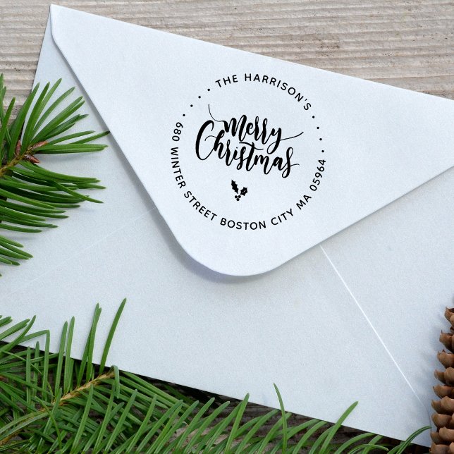 Calligraphy Lettering Frohe Weihnachtsadresse Gummistempel (Calligraphy Lettering Merry Christmas Return Address Rubber Stamp)