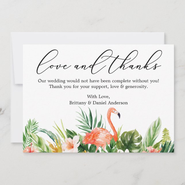 Calligraphy Liebe Dank Coral Tropical Flamingo Dankeskarte (Vorderseite)