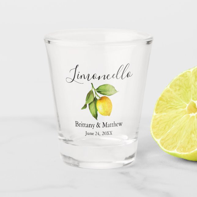 Calligraphy Limoncello Watercolor Lemon Wedding Schnapsglas (Vorderseite)