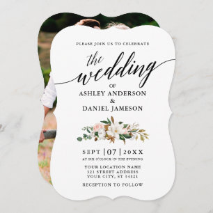 Calligraphy Magnolias Rose Foto Wedding Einladung