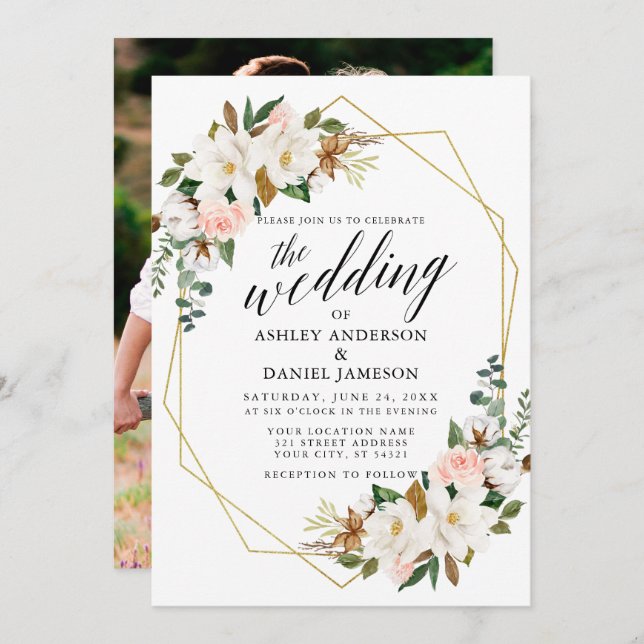 Calligraphy Magnolias Rose Foto Wedding Gold Einladung (Vorne/Hinten)