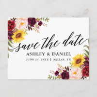 Calligraphy Mixed Burgundy Floral Save the Date